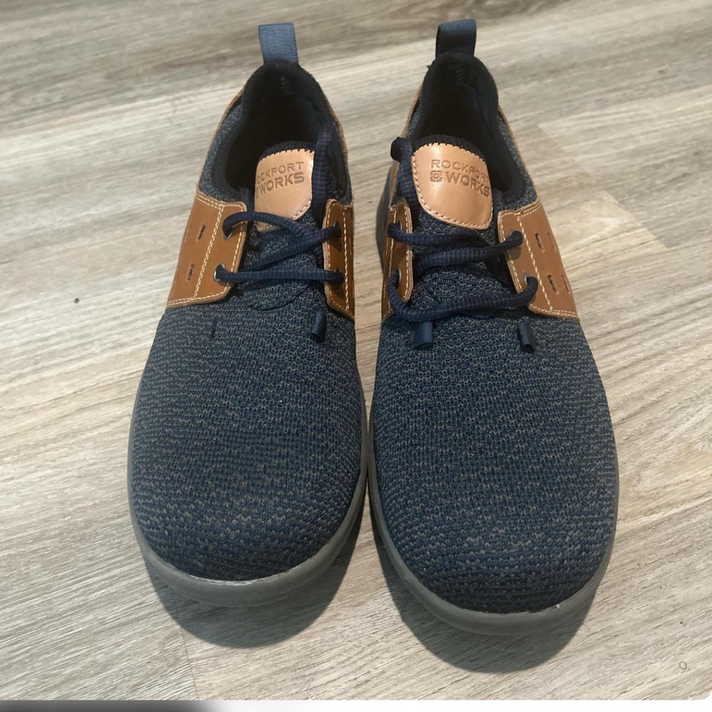 Men's Navy Knit Lace-Up Safety Toe Casual Sneakers with Tan Accents Size 8.5W